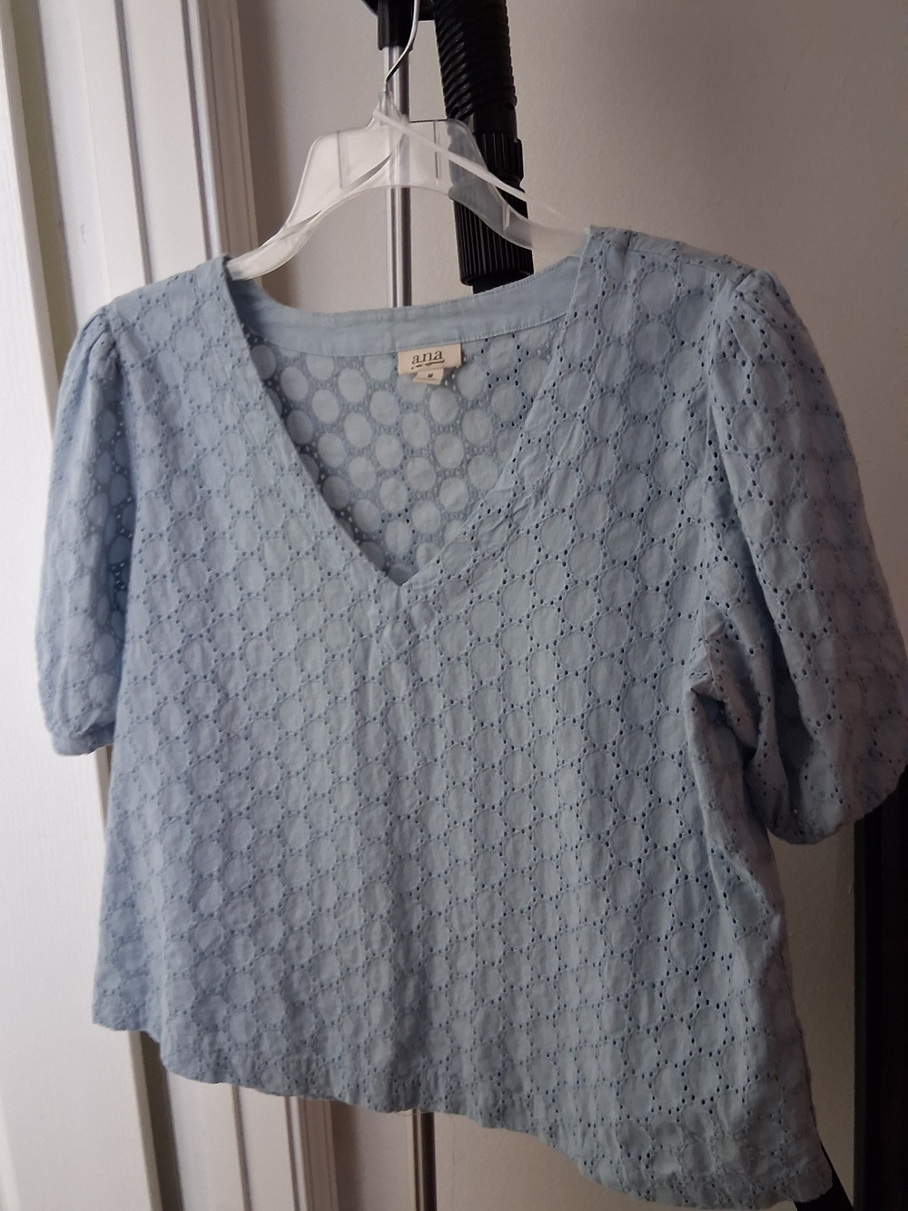 a.n.a Light Blue Eyelet V-Neck Puff Sleeve Blouse